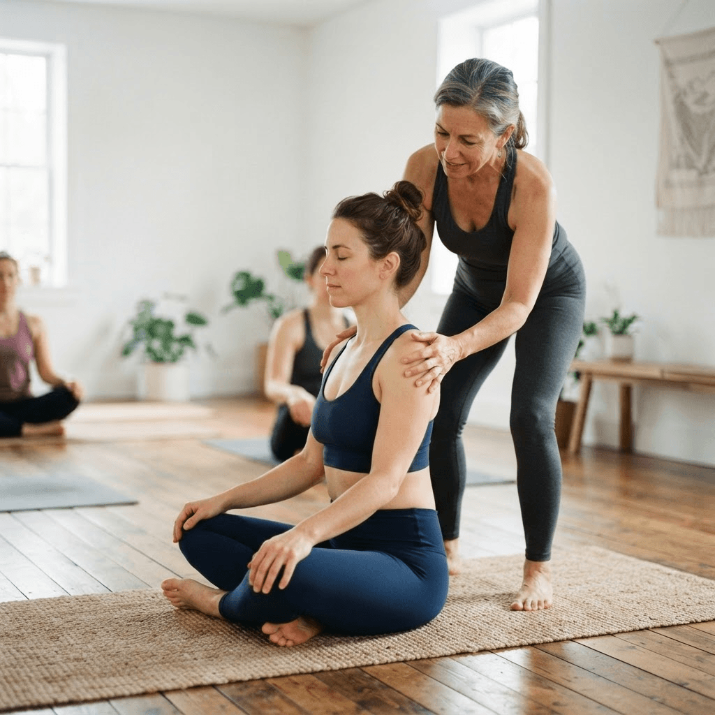 Corrección personalizada durante una práctica en is Espacio de Yoga
